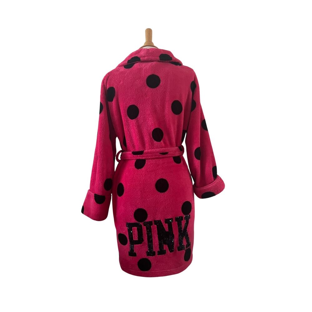 VS Hot PINK Black Polka Dot Plush Robe Sequin Logo Sz XS/S Victorias Secret